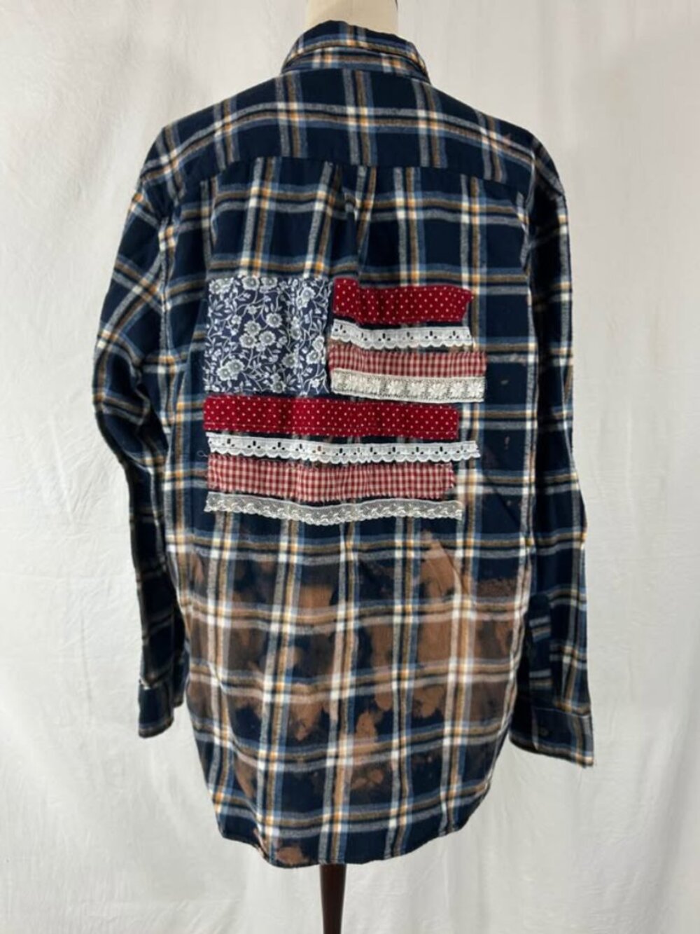 Patriotic Flannel Women’s Button up shirt 4th of July Upcycled American Flag - Picture 2 of 6